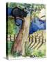 Black Cat Sitting in Tree Bats & Full Moon-sylvia pimental-Stretched Canvas