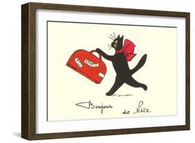 Black Cat with Suitcase, French Greetings from Nice-null-Framed Art Print