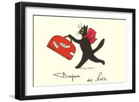 Black Cat with Suitcase, French Greetings from Nice-null-Framed Art Print