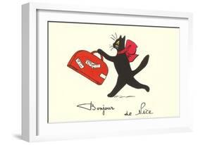 Black Cat with Suitcase, French Greetings from Nice-null-Framed Art Print