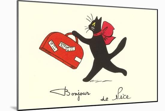 Black Cat with Suitcase, French Greetings from Nice-null-Mounted Art Print