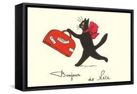 Black Cat with Suitcase, French Greetings from Nice-null-Framed Stretched Canvas