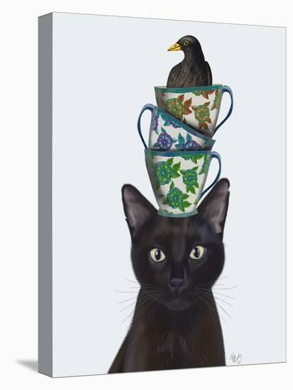 Black Cat with Teacups and Blackbird-Fab Funky-Stretched Canvas