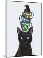 Black Cat with Teacups and Blackbird-Fab Funky-Mounted Art Print