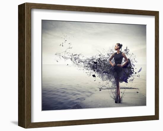 Black Girl, with a Black Dress Which Becomes Paint, Standing on a Pier-olly2-Framed Art Print