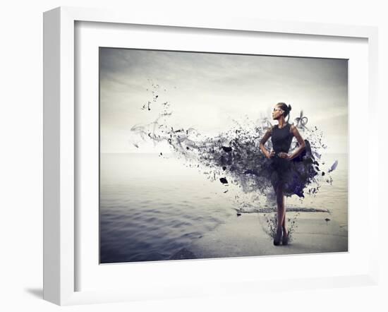 Black Girl, with a Black Dress Which Becomes Paint, Standing on a Pier-olly2-Framed Art Print