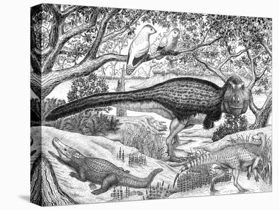 Black Ink Drawing of Extinct Animals from the Hell Creek Formation-null-Stretched Canvas