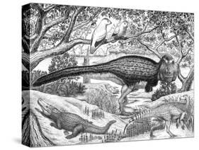 Black Ink Drawing of Extinct Animals from the Hell Creek Formation-null-Stretched Canvas