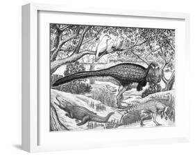 Black Ink Drawing of Extinct Animals from the Hell Creek Formation-null-Framed Art Print