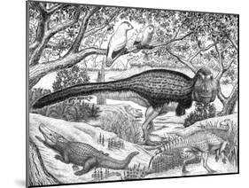 Black Ink Drawing of Extinct Animals from the Hell Creek Formation-null-Mounted Art Print