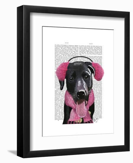 Black Labrador with Ear Muffs-Fab Funky-Framed Art Print