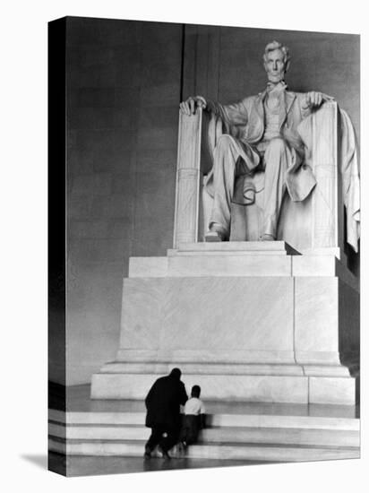 Black Man and Small Boy Kneeling Prayerfully on Steps on Front of Statue in the Lincoln Memorial-Thomas D^ Mcavoy-Stretched Canvas