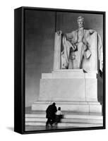 Black Man and Small Boy Kneeling Prayerfully on Steps on Front of Statue in the Lincoln Memorial-Thomas D^ Mcavoy-Framed Stretched Canvas