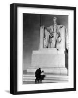 Black Man and Small Boy Kneeling Prayerfully on Steps on Front of Statue in the Lincoln Memorial-Thomas D^ Mcavoy-Framed Premium Photographic Print