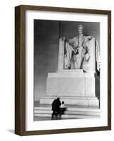 Black Man and Small Boy Kneeling Prayerfully on Steps on Front of Statue in the Lincoln Memorial-Thomas D^ Mcavoy-Framed Photographic Print