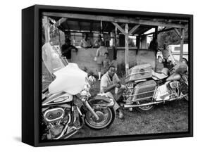 Black Motorcyclist of the Big Circle Motorcycle Association Sitting Between Harley Davidson Bikes-John Shearer-Framed Stretched Canvas