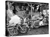 Black Motorcyclist of the Big Circle Motorcycle Association Sitting Between Harley Davidson Bikes-John Shearer-Stretched Canvas