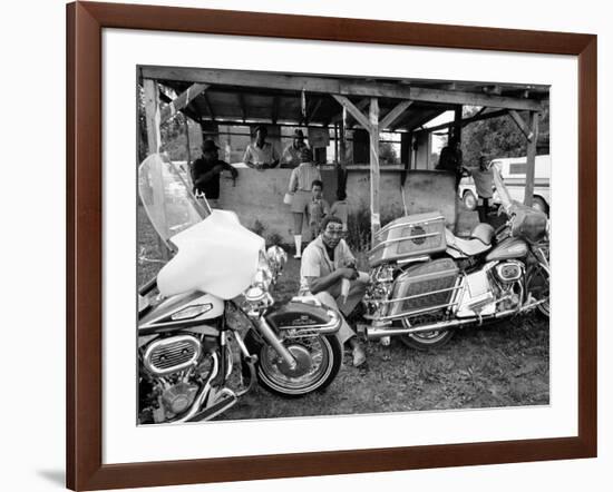 Black Motorcyclist of the Big Circle Motorcycle Association Sitting Between Harley Davidson Bikes-John Shearer-Framed Photographic Print