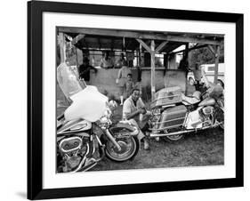 Black Motorcyclist of the Big Circle Motorcycle Association Sitting Between Harley Davidson Bikes-John Shearer-Framed Photographic Print