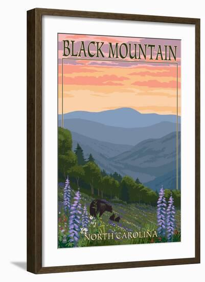 Black Mountain, North Carolina - Spring Flowers and Bear Family-Lantern Press-Framed Art Print