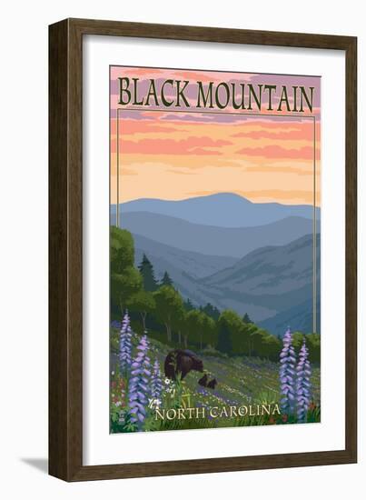 Black Mountain, North Carolina - Spring Flowers and Bear Family-Lantern Press-Framed Art Print