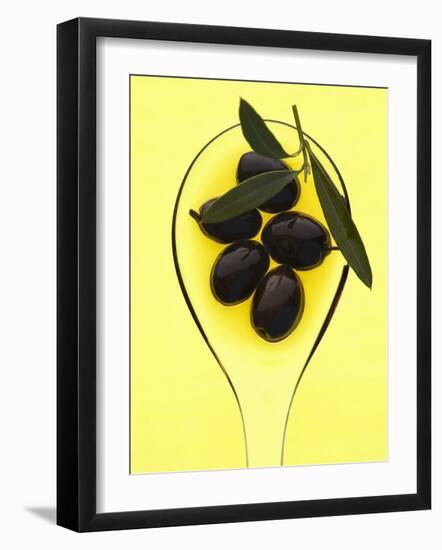 Black Olives in Olive Oil with Sprig of Olive Leaves-Marc O^ Finley-Framed Photographic Print