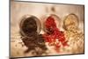 Black, Red, and White Pepper Corns in Rustic Mason Jars-Alastair Macpherson-Mounted Photographic Print