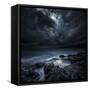 Black Rocks Protruding Through Rough Seas with Stormy Clouds, Crete, Greece-null-Framed Stretched Canvas