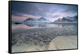 Black Sand and Full Moon as Surreal Scenery at Skagsanden Beach, Flakstad, Nordland County-Roberto Moiola-Framed Stretched Canvas