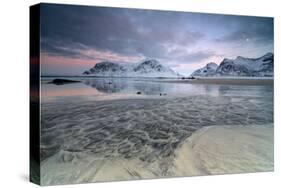 Black Sand and Full Moon as Surreal Scenery at Skagsanden Beach, Flakstad, Nordland County-Roberto Moiola-Stretched Canvas