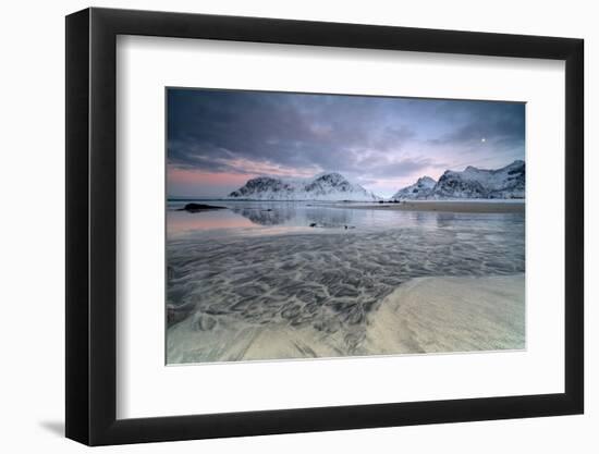 Black Sand and Full Moon as Surreal Scenery at Skagsanden Beach, Flakstad, Nordland County-Roberto Moiola-Framed Photographic Print