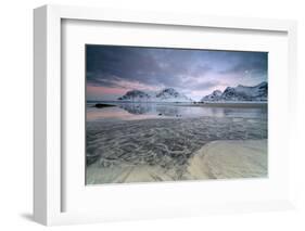 Black Sand and Full Moon as Surreal Scenery at Skagsanden Beach, Flakstad, Nordland County-Roberto Moiola-Framed Photographic Print