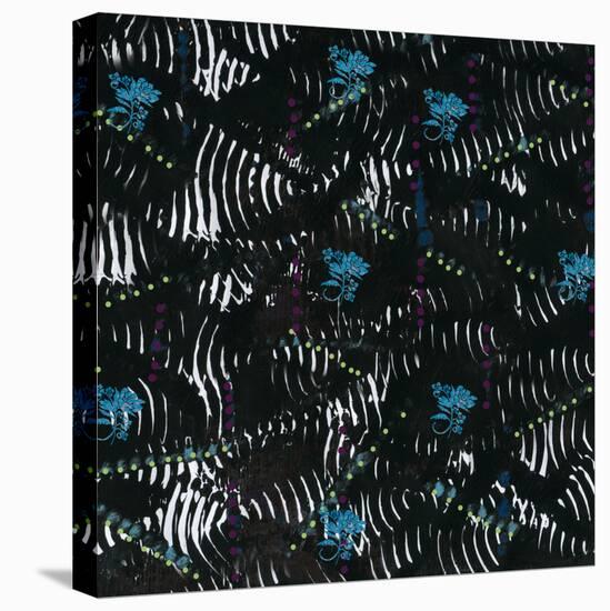 Black texture background with White Pattern and Blue floral-Bee Sturgis-Stretched Canvas