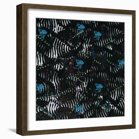 Black texture background with White Pattern and Blue floral-Bee Sturgis-Framed Art Print