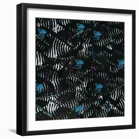 Black texture background with White Pattern and Blue floral-Bee Sturgis-Framed Art Print