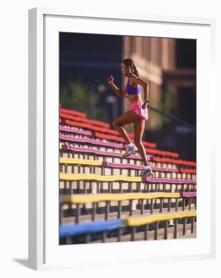 Black Woman Running Up Stairs-null-Framed Photographic Print