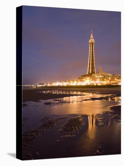 Blackpool Tower Reflected on Wet Beach at Dusk, Blackpool, Lancashire, England, United Kingdom-Martin Child-Stretched Canvas