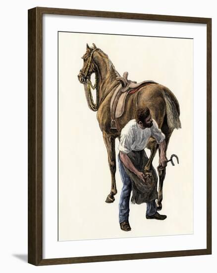 Blacksmith Fitting a Horseshoe, 1800s-null-Framed Giclee Print