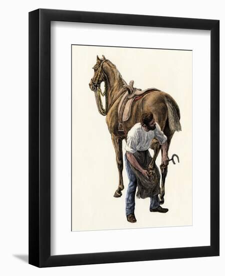 Blacksmith Fitting a Horseshoe, 1800s-null-Framed Premium Giclee Print