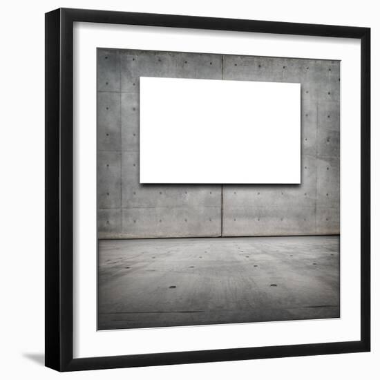 Blank White Board in a Grungy Concrete Room-landio-Framed Art Print