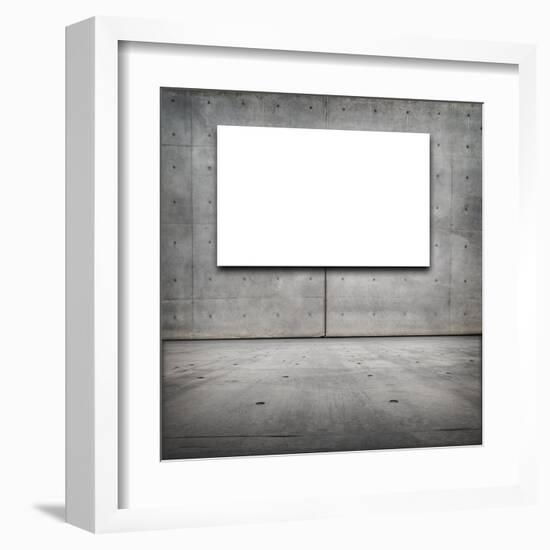 Blank White Board in a Grungy Concrete Room-landio-Framed Art Print