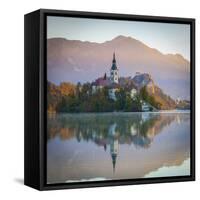 Bled Island with the Church of the Assumption and Bled Castle Illuminated at Dusk, Lake Bled-Doug Pearson-Framed Stretched Canvas