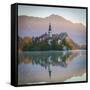 Bled Island with the Church of the Assumption and Bled Castle Illuminated at Dusk, Lake Bled-Doug Pearson-Framed Stretched Canvas