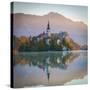 Bled Island with the Church of the Assumption and Bled Castle Illuminated at Dusk, Lake Bled-Doug Pearson-Stretched Canvas