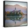 Bled Island with the Church of the Assumption and Bled Castle Illuminated at Dusk, Lake Bled-Doug Pearson-Framed Stretched Canvas