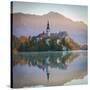 Bled Island with the Church of the Assumption and Bled Castle Illuminated at Dusk, Lake Bled-Doug Pearson-Stretched Canvas