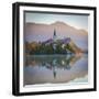 Bled Island with the Church of the Assumption and Bled Castle Illuminated at Dusk, Lake Bled-Doug Pearson-Framed Premium Photographic Print