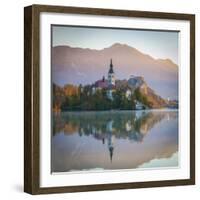 Bled Island with the Church of the Assumption and Bled Castle Illuminated at Dusk, Lake Bled-Doug Pearson-Framed Photographic Print