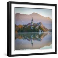 Bled Island with the Church of the Assumption and Bled Castle Illuminated at Dusk, Lake Bled-Doug Pearson-Framed Photographic Print