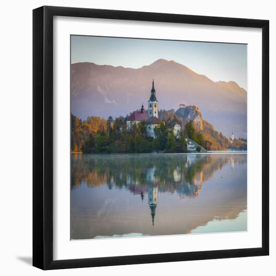 Bled Island with the Church of the Assumption and Bled Castle Illuminated at Dusk, Lake Bled-Doug Pearson-Framed Photographic Print